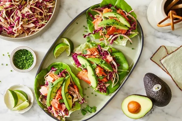 Wild-caught salmon and avocado slaw lettuce wraps