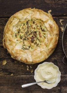 Wild garlic and asparagus filo tart