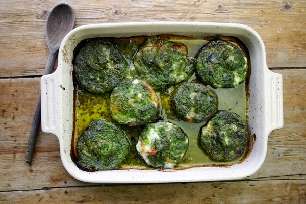 Wild garlic cheddar pesto baked mushrooms