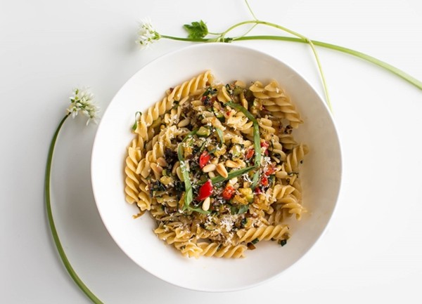 Wild garlic, courgette and pine nuts with whole wheat fusilli 
