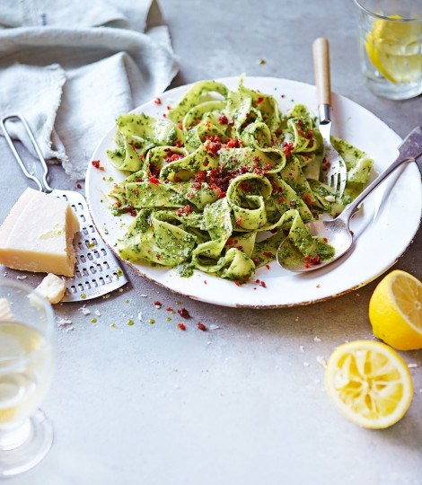 Wild garlic pesto pappardelle with crispy 'nduja breadcrumbs