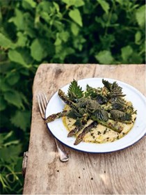 Wild garlic polenta with barbecued asparagus and crispy stinging nettles