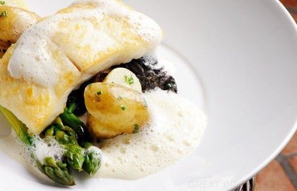 Wild halibut with morels, wild garlic and Jersey Royals