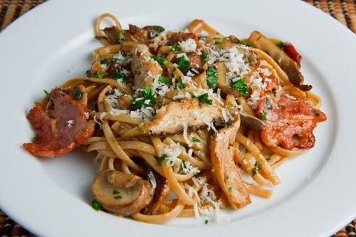 Wild mushroom and double smoked bacon linguine