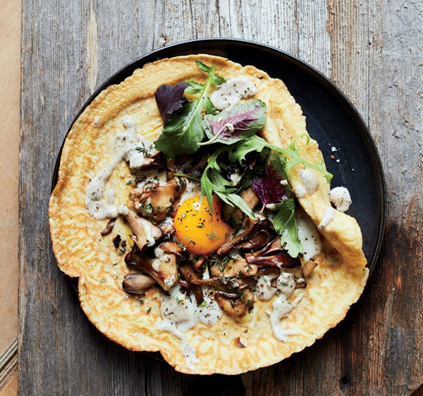Wild mushroom crêpes with sunny eggs