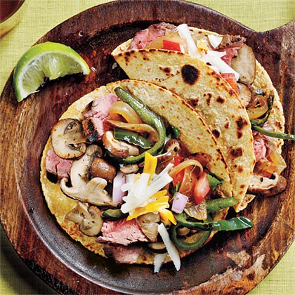 Wild mushroom, flank steak, and poblano tacos