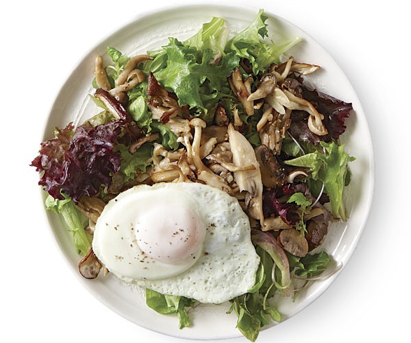 Wild mushroom salad with fried eggs