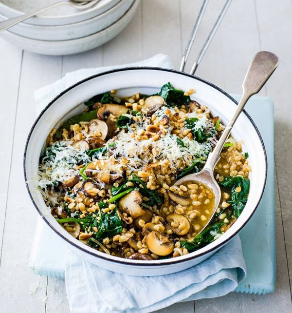 Wild mushroom 'speltotto' with pine nuts