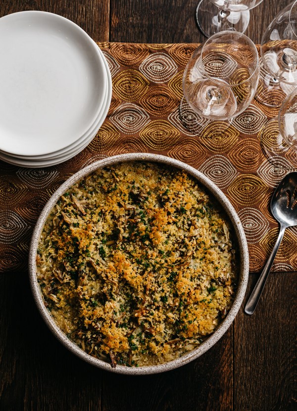 Wild mushroom stuffing with toasted pine nuts, Taleggio and parsley