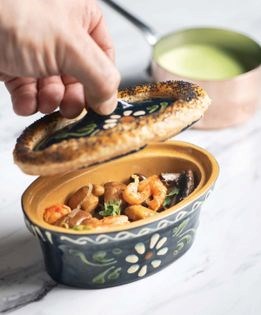 Wild mushrooms and Louisiana crayfish cooked "en baeckeoffe"