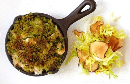 Wild rabbit, langoustine and Jerusalem artichoke crumble with wild garlic crust