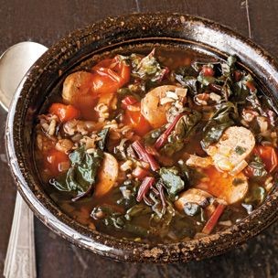 Wild rice & red chard soup with andouille 