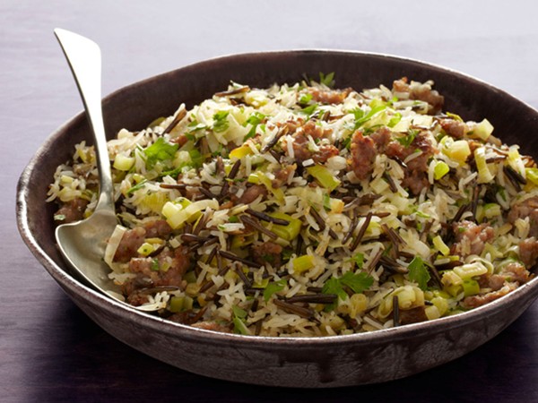 Wild rice and basmati pilaf with sausage