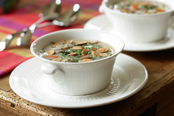 Wild rice and mushroom soup with almonds