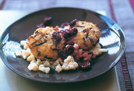 Wild rice and parsnip suppli with crushed cauliflower and cherry jus