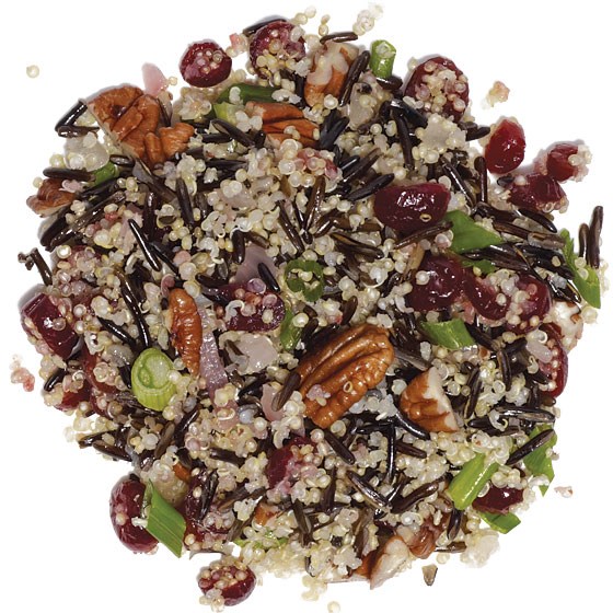 Wild rice and quinoa pilaf with pecans, green onions, and cranberries