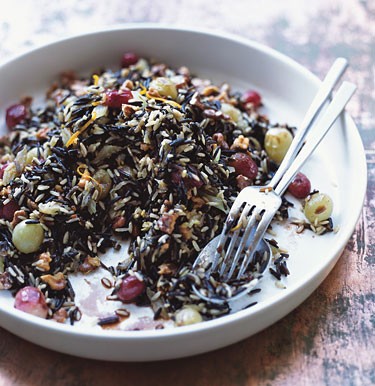 Wild rice dressing with roasted grapes and walnuts