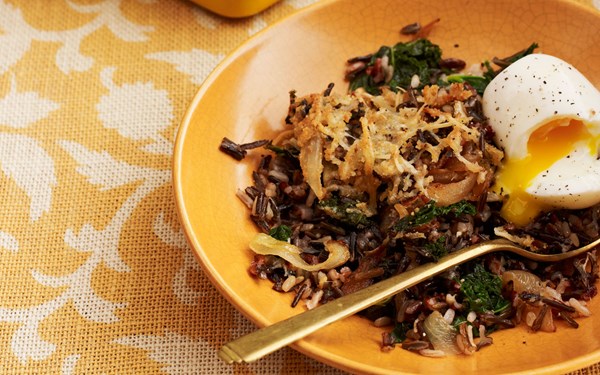 Wild rice gratin with kale, caramelized onions, and baby Swiss