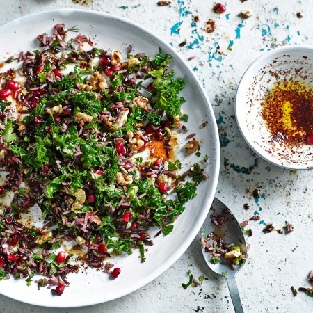 Wild rice, kale, chilli and pomegranate salad