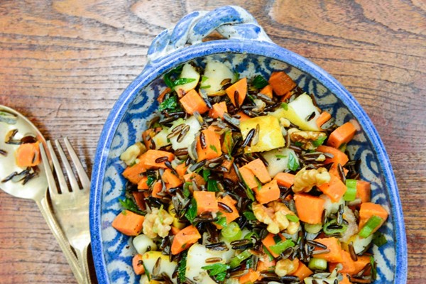 Wild rice, pear and roasted sweet potato salad with walnuts