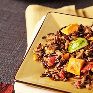 Wild rice pilaf with sweet potatoes & Brussels sprouts