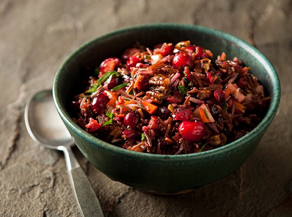 Wild rice pilaf with wild mushrooms, roasted chestnuts, and dried cranberries