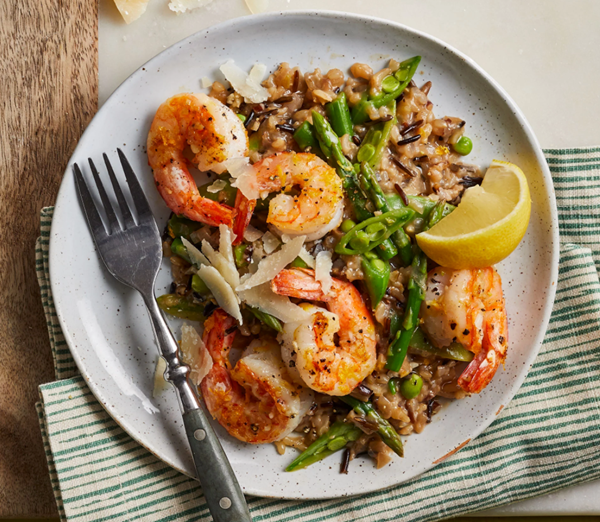 Wild rice risotto with shrimp and spring vegetables
