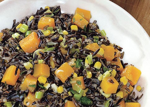 Wild rice with butternut squash, leeks, and corn