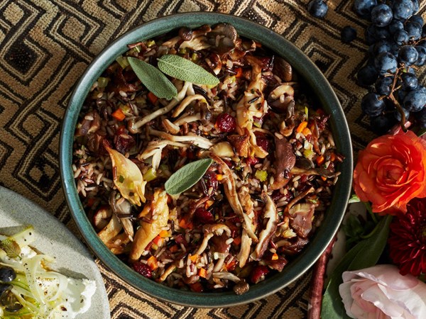 Wild rice with mushrooms, cranberries, and chestnuts