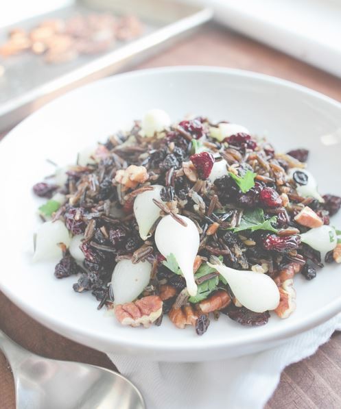Wild rice with pearl onions, dried fruit, and toasted pecans