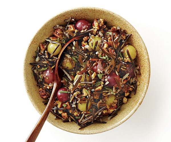 Wild rice with roasted grapes, pecans, and sage