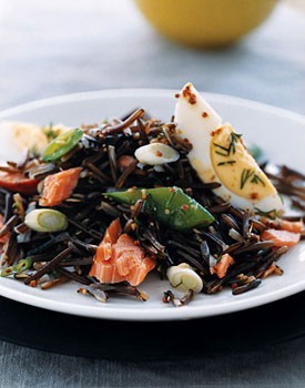 Wild rice with smoked fish and snap peas