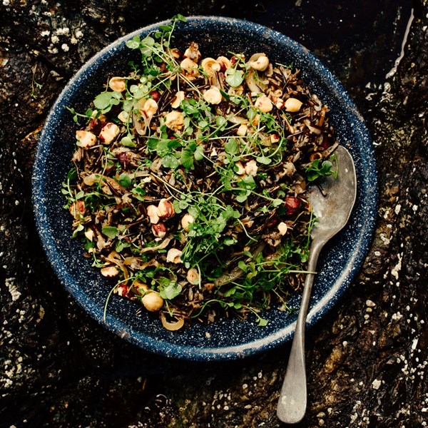 Wild rice with watercress and hazelnuts