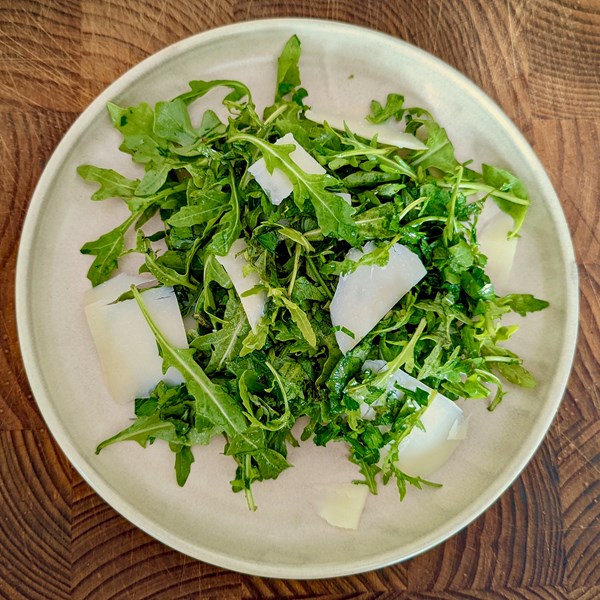 Wild rocket & herb salad with pecorino (Insalata di erbette di campo con pecorino Sardo)