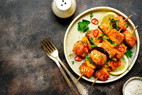 Wild salmon kebabs with Asian pesto