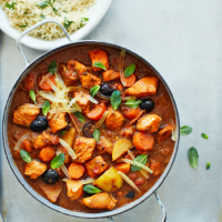 Wild salmon tagine with preserved lemons and olives