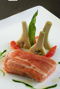 Wild salmon topped with Ganda ham