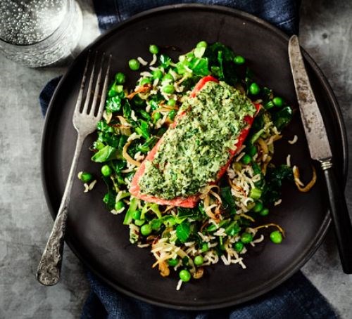 Wild salmon with coconut chutney & green pilau