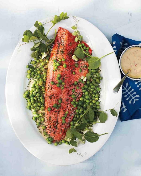 Wild salmon with English peas and mustard beurre blanc