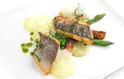 Wild sea bream, gnocchi, pea, asparagus and saffron