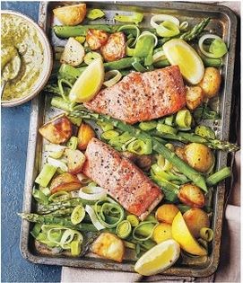 Wild sockeye salmon, asparagus & potato traybake