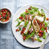 Will Halsall's grilled squid with crispy pancetta and red pepper salsa