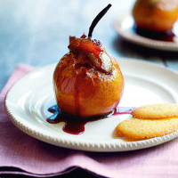 Williams pears in red wine with polenta biscuits