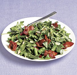 Wilted arugula salad with asparagus, bacon, almonds, and sherry vinaigrette
