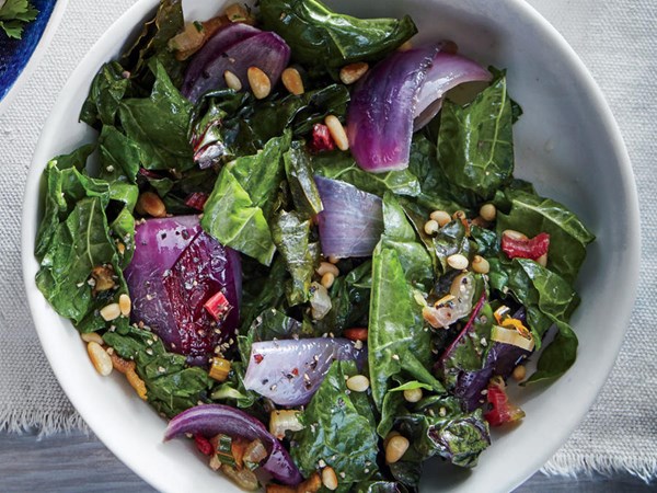 Wilted chard with red onion and pine nuts