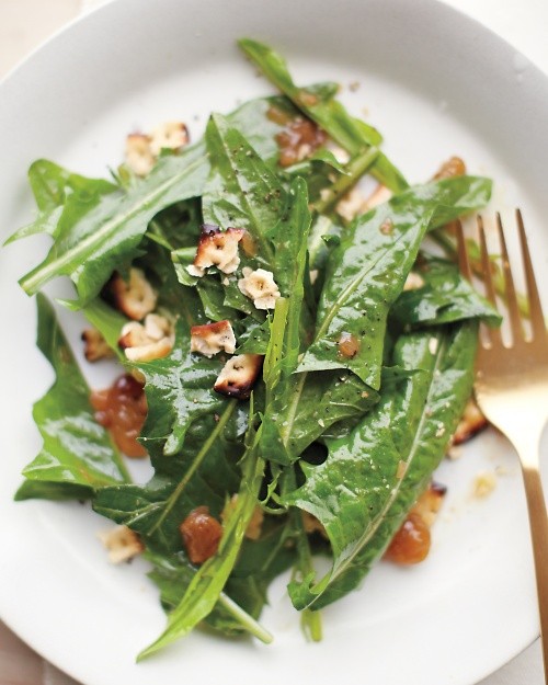 Wilted dandelion greens with toasted matzo crumbles
