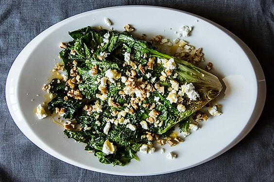 Wilted escarole with feta, walnuts, and honey