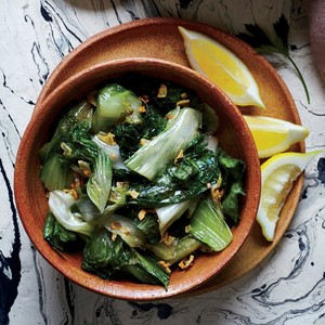 Wilted escarole with lemon and garlic
