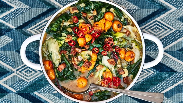 Wilted greens in tomato-bacon broth