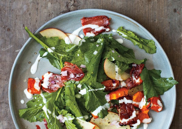 Wilted greens salad with squash, apples, and country ham